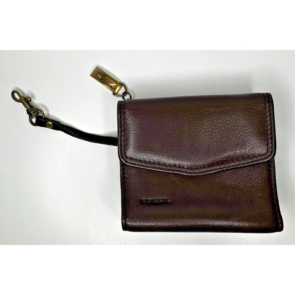 Vtg Fossil Brown Leather Wallet Key Clip ID Slot Trifold Flap Snap Zip